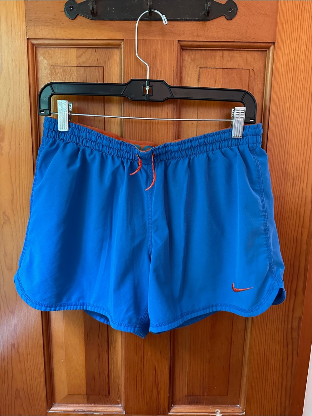 Nike Royal Blue Athletic Shorts with Built-In Spandex, Orange Accents, Small